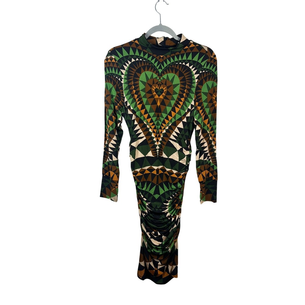Farm Rio Midi Dress Womens M Green NEW Geometric Heart Ruched Mock Neck LS